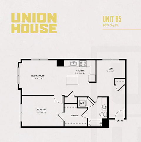 Floor plan for 1 bed, 1 bath, 930 sqft